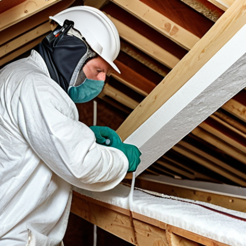**Prompt:** A close-up shot of a professional installer applying spray foam insulation to an attic rafter in Poland. Show the texture of the foam, the specialized equipment being used, and safety gear. The scene should convey precision and quality workmanship.