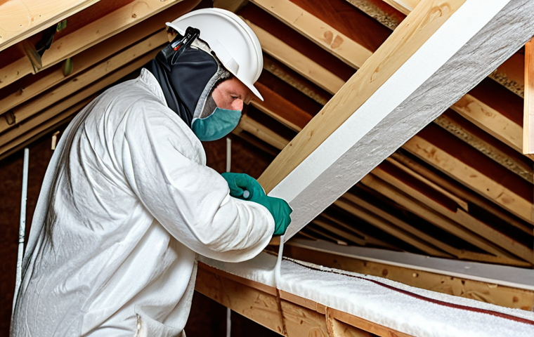 **Prompt:** A close-up shot of a professional installer applying spray foam insulation to an attic rafter in Poland. Show the texture of the foam, the specialized equipment being used, and safety gear. The scene should convey precision and quality workmanship.